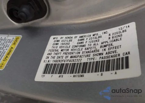 2015 Honda Accord Ex-L from USA, damaged, VIN 1HGCR2F87FA092322